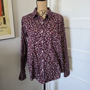LL Bean Floral Women's Blouse 100% Cotton. Size Large. Burgundy Floral. EUC.